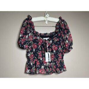 Bellevue The Label Paris Midi Top Floral Sweetheart Cropped Blouse Black Size M